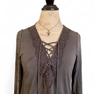 American Eagle • Dark Grey Floral Lace V Neck Lace up Blouse • SIZE - LARGE
